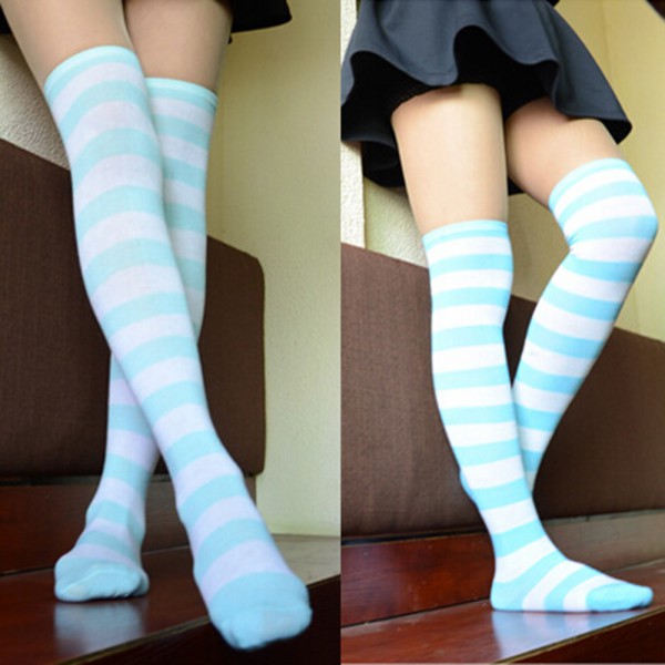 Women Girl Thigh High Striped Over the Knee Socks Cotton Stockings Long ...
