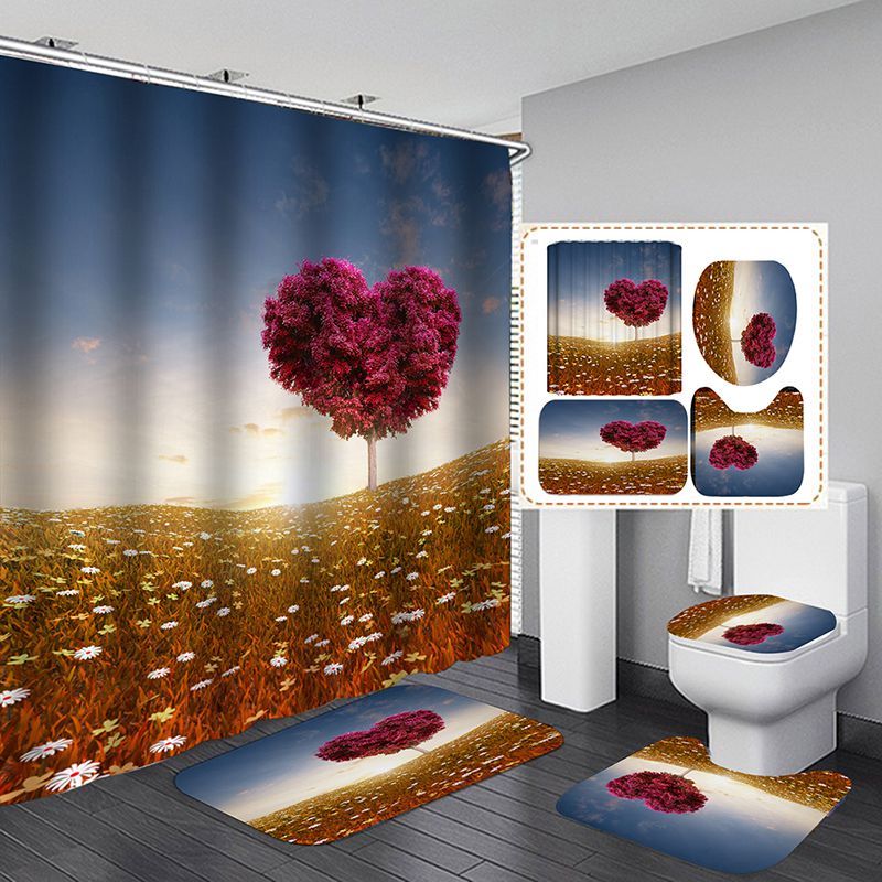 3D Love Letter Curtain Floor Mat Toilet Lid Cover Bathroom Rugs Mat Set 