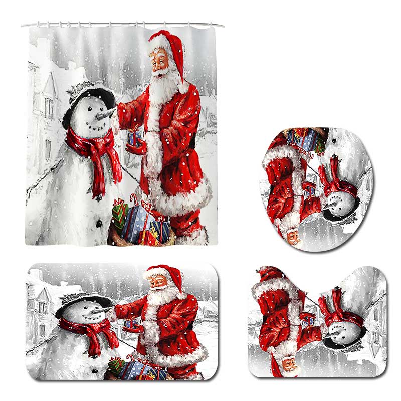 4Pcs Snowman Christmas Shower Curtain Anti-slip Bathroom Carpet Toilet Cover Pad 