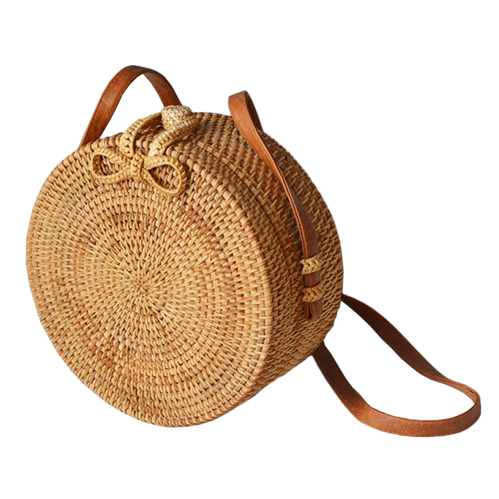 Handwoven Women&#39;s Round Rattan Bag Shoulder Leather Straps Natural Chic Handbag 6905338068477 | eBay
